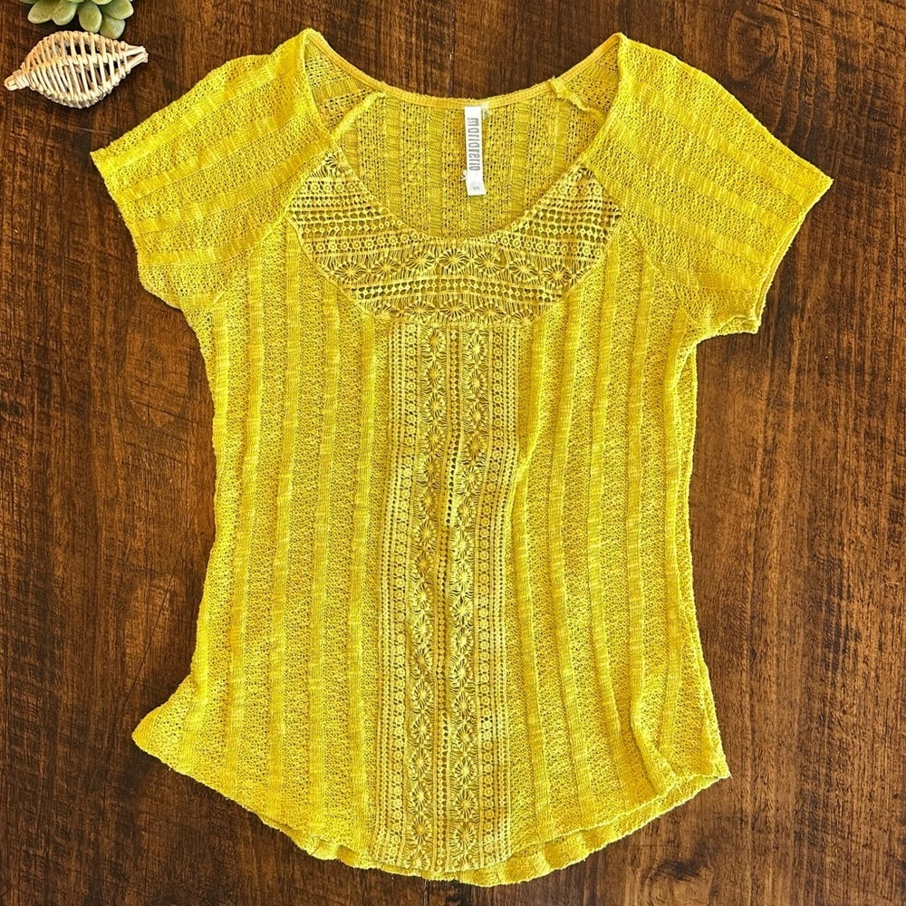 Maria Rerio |  Chartreuse Boho Crochet Lace Knit Short Sleeve Top, Size S